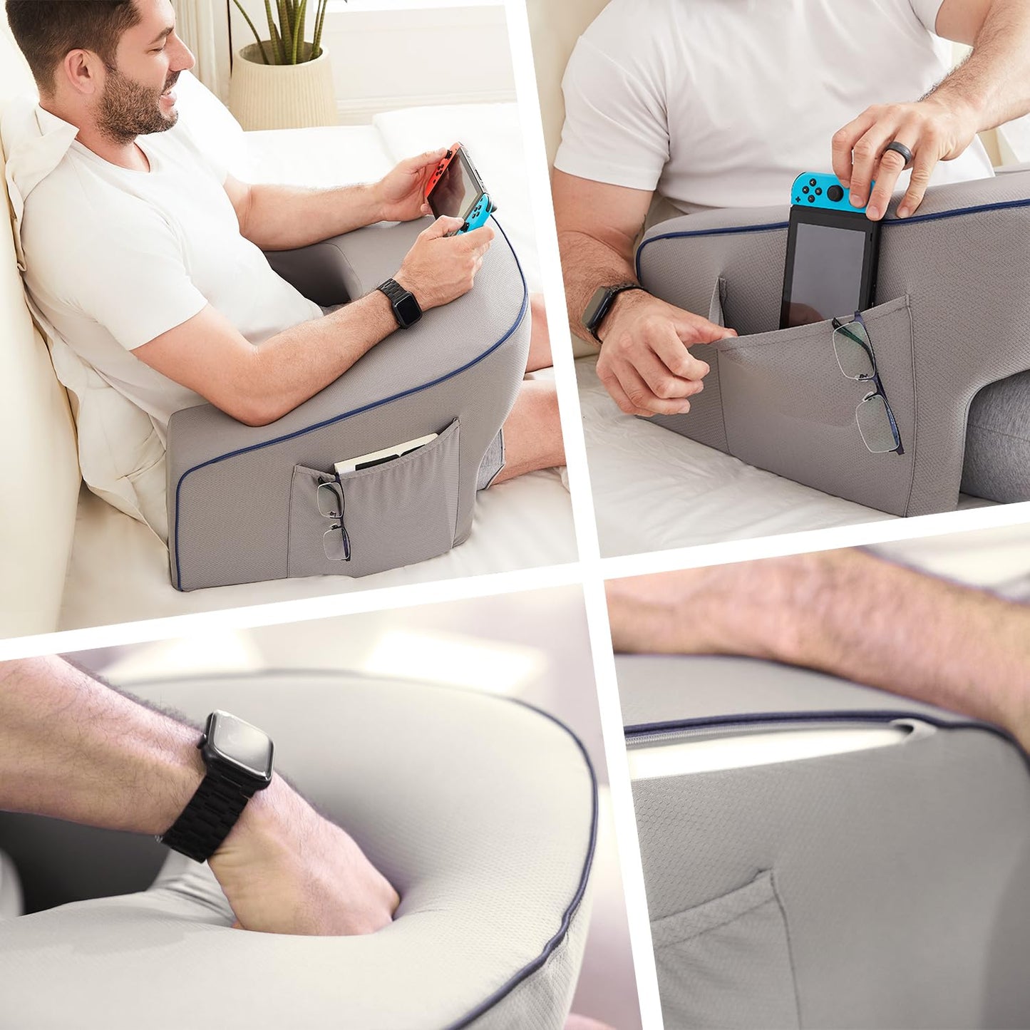 cooloo8 Soft Lap Desk Pillow for Adult, Extra Large Reading Pillow with Pocket, Arm Rest Pillow, Memory Foam Bed Rest Pillow can Reading, Working in Bed Floor Sofa (Grey)