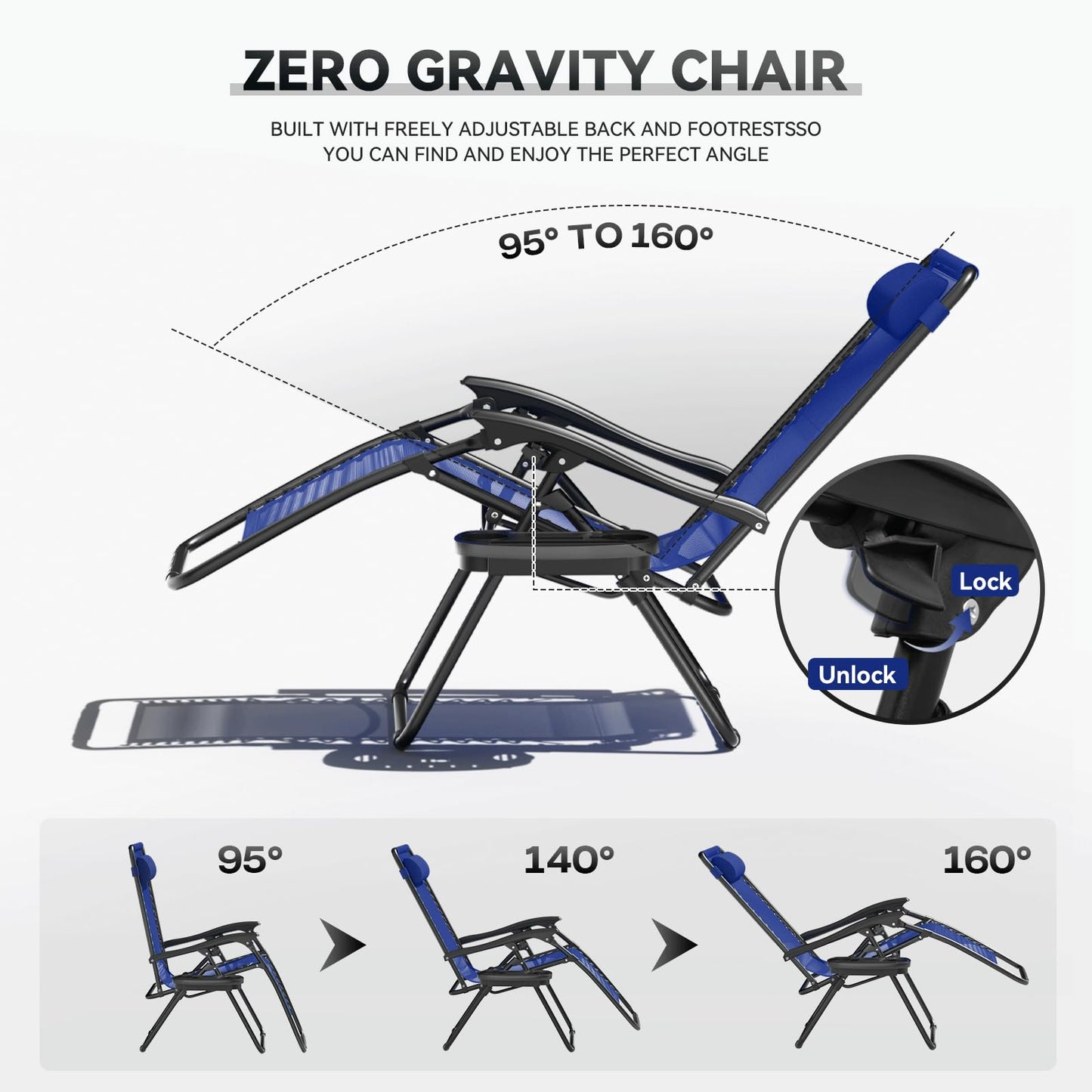SFIHOME Zero Gravity Chair, Portable Outdoor Chair, Reclining Patio Lounge Chair with Adjustable Pillow and Cup Holder Trays for Outdoor, Patio, Beach, Camping, Garden, Poolside, 2 Pack, Blue