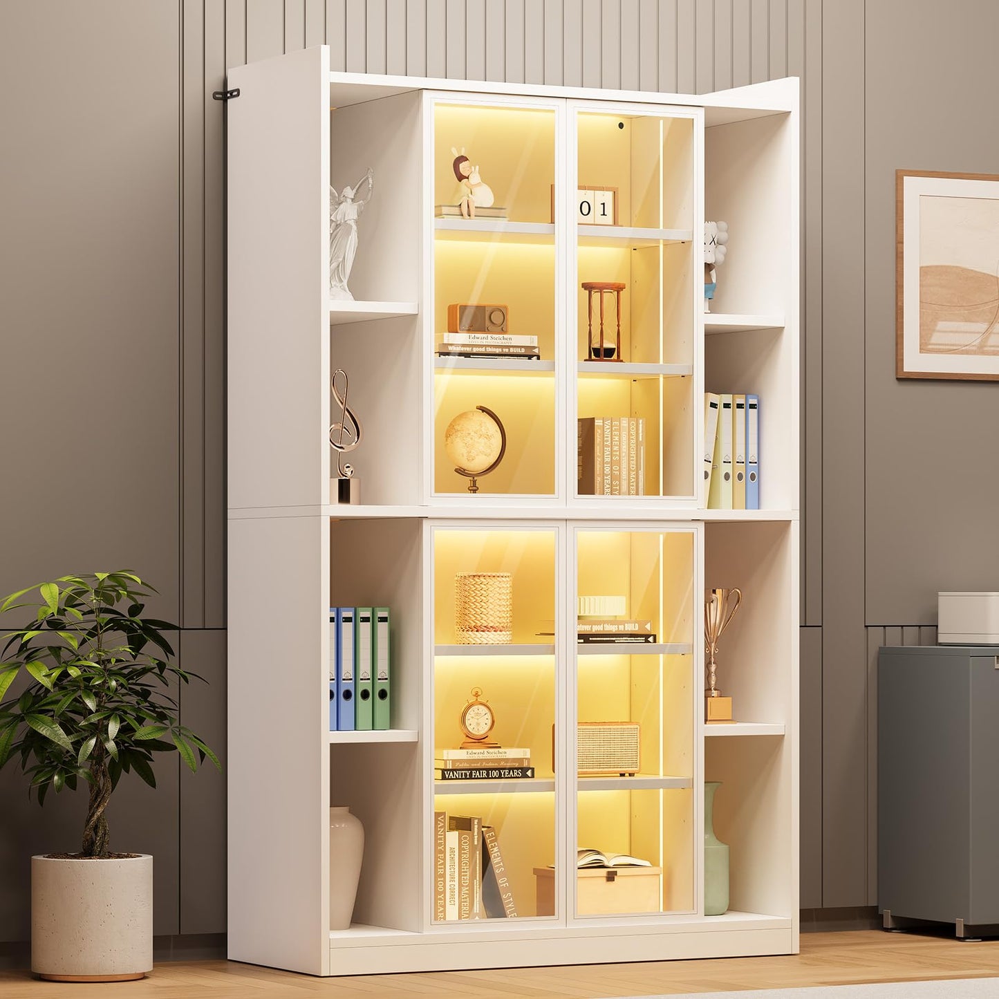 SEDETA Display Cabinet with Glass Doors, 6 Tier Curio Cabinet with LED Lights, Tall Bookcase with Adjustable Shelves, 64" Display Cases for Collectibles, Bedroom, Living Room, Office, White