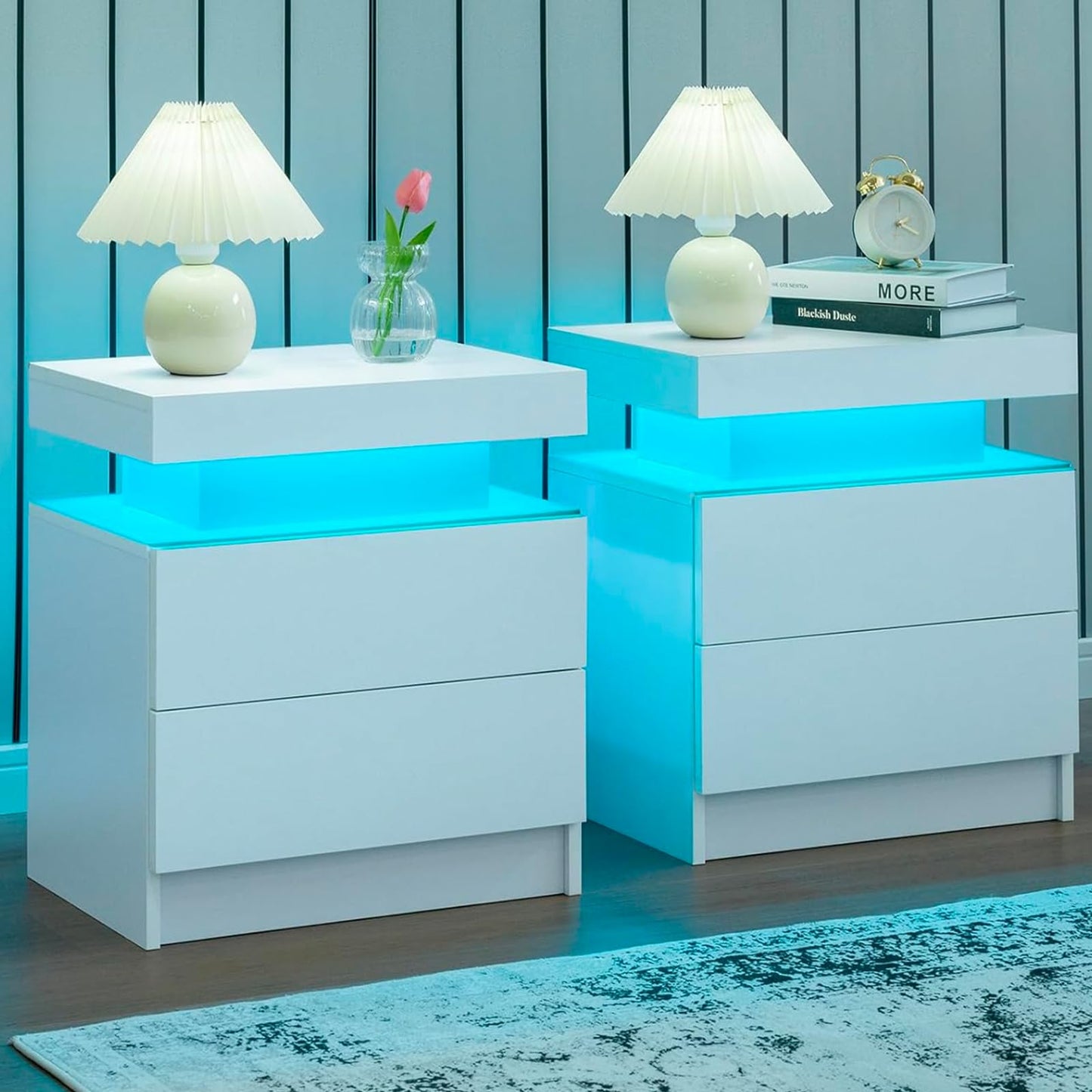 i-aplus Nightstand Set of 2 LED Nightstand with 2 Drawers,Night Stand Set 2 with LED Light,Bedside Table with Drawers for Bedroom,White