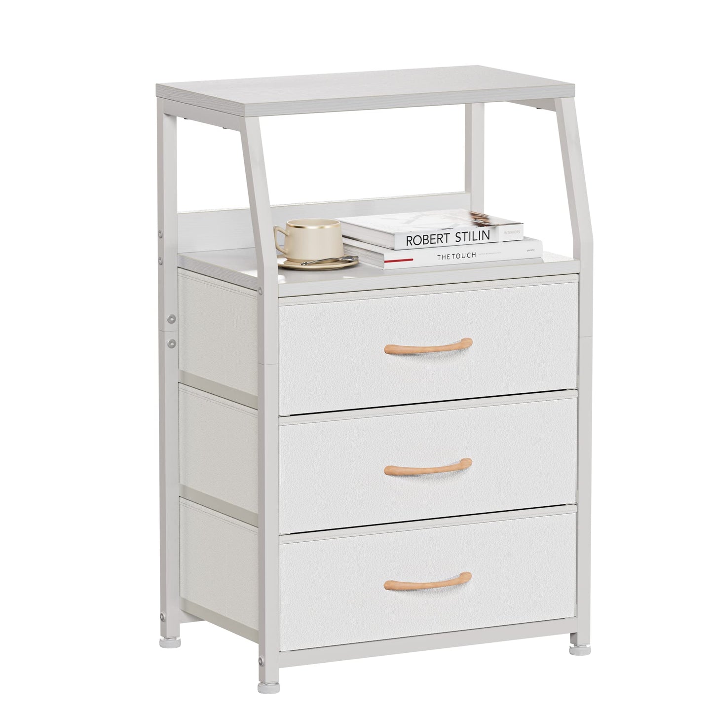 Furnulem White Nightstand with 3 Drawers and 2-Tier Shelf, Small Night Stand End Table Side Furniture, Fabric Storage Organizer for Bedroom, Closet, Hallway, Nursery, Sturdy Steel Frame, Wood Top