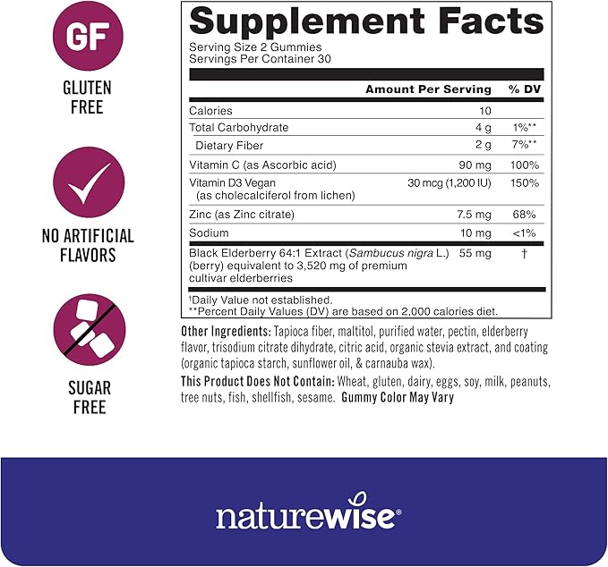 NatureWise Sambucus Elderberry Gummies - Sugar-Free - Daily Immune Support Supplement for Kids and Adults*, with Vitamin C, D3, Zinc - Vegan, Gluten Free, Non-GMO - 60 Count[1-Month Supply]