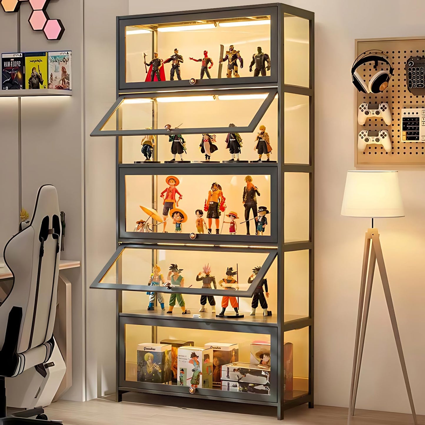 ouioyggk Display Cabinet with Acrylic Glass Door, 5-Tier Curio Display Case, Collectibles Toy Organizers Rack & Display Shelf, Kids Bookcase for Home, Office, Playroom, Living Room, Grey