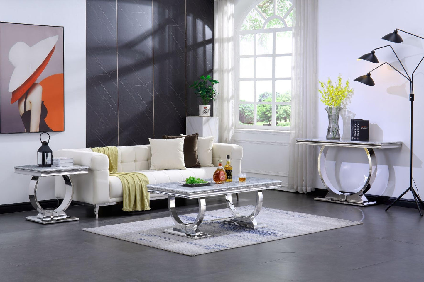 Asday Silver End Table, 22" Modern Glam Grey Square Side Table with Mirrored Stainless Steel U-Base for Living Room