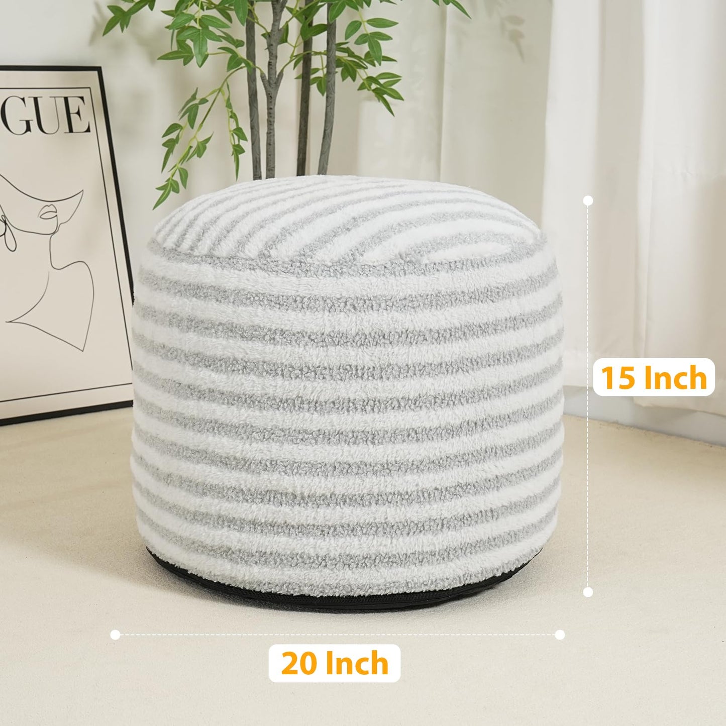 Homlazeezy Round Pouf Ottoman Stuffed Foot Stool Floor Chair Poufs for Living Room Bedroom, Faux Fur Poufs with Foam Chunk Filling, Storage Ottoman Pouf 20 X 15 Inch Boho for Couch, Gray & White