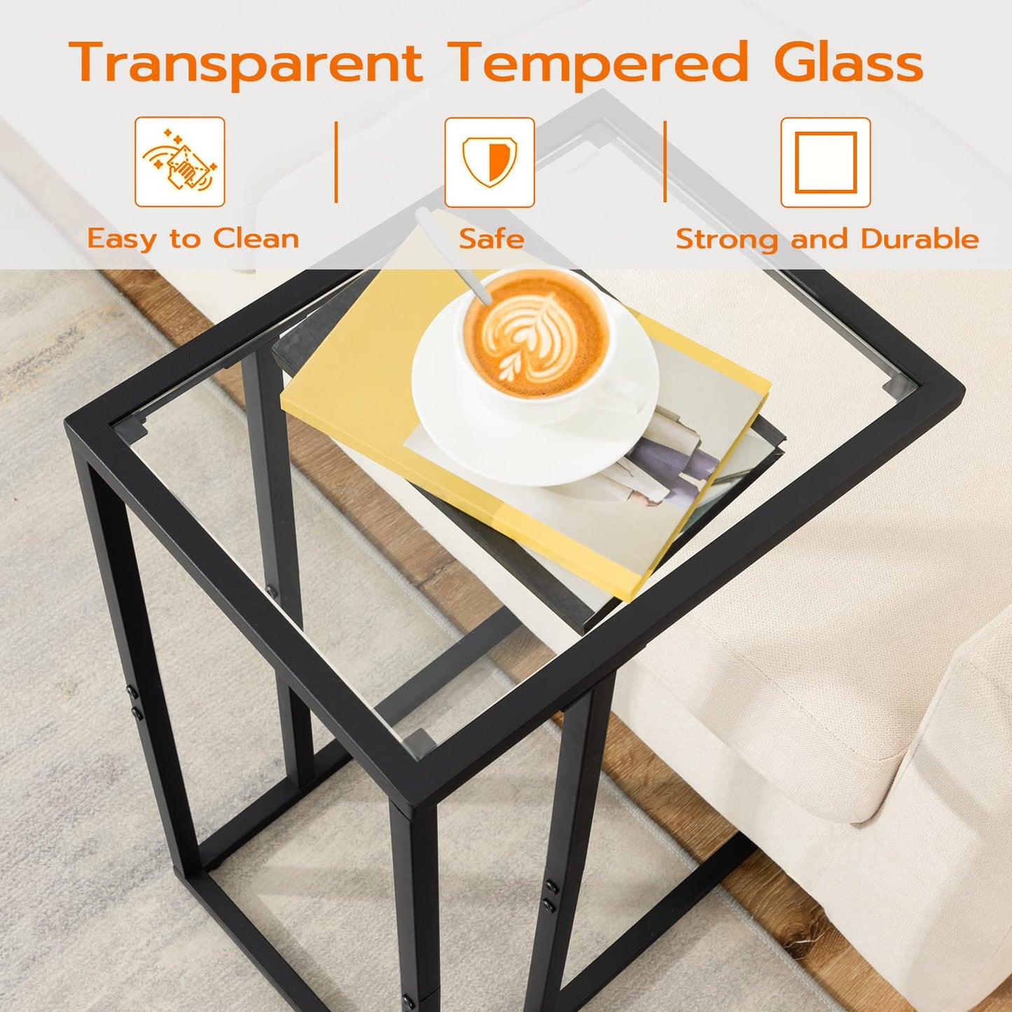 HOOBRO C Shaped End Table, Tempered Glass Snack Side Table with Metal Frame, TV Tray Table for Small Space, Sofa Couch and Bed, Modern Style, Black BK03SF01
