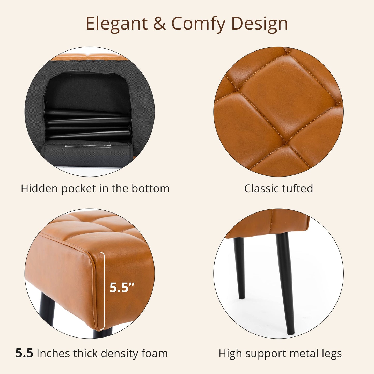 LUE BONA Entryway Bench, 44.5'' Leather Upholstered Bedroom Benches, End of Bed Bench with Metal Legs, for Decorative, Living Room, Dining Room, Whiskey Brown