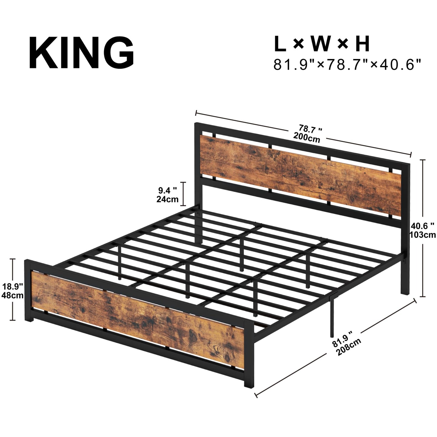 LIKIMIO King Bed Frame with Headboard and Footboard, Metal Strong Supports, Easy Assembly, Noise-Free, No Box Spring Needed, Vintage Brown