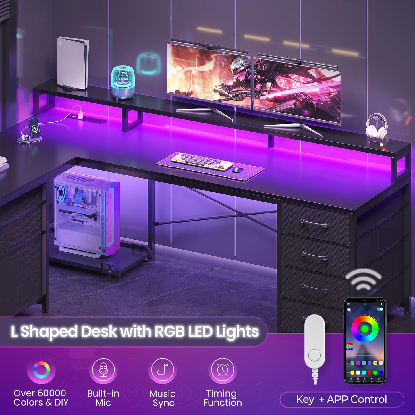 SEDETA L Shaped Gaming Desk, Reversible 58" Small Computer Desk with 7 Drawers and Power Outlet, Corner Gaming Desk with LED Lights for Small Space, Black