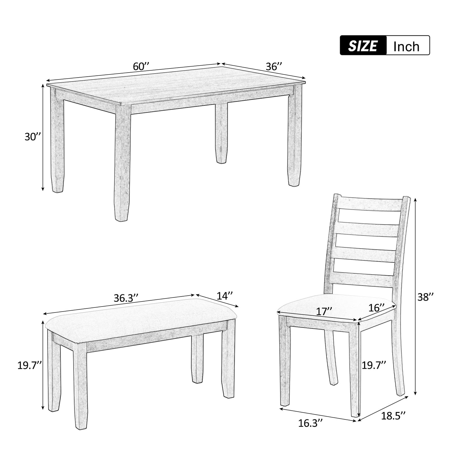 Merax 6 Piece 60in Dining Set for Home, Kitchen, Dining Room, Rectangular Table Set with 4 Upholstered Chairs & a Bench, Rubber Wood Dining Room Table Set for 6 (Brown + Whitewash, Rustic Style)