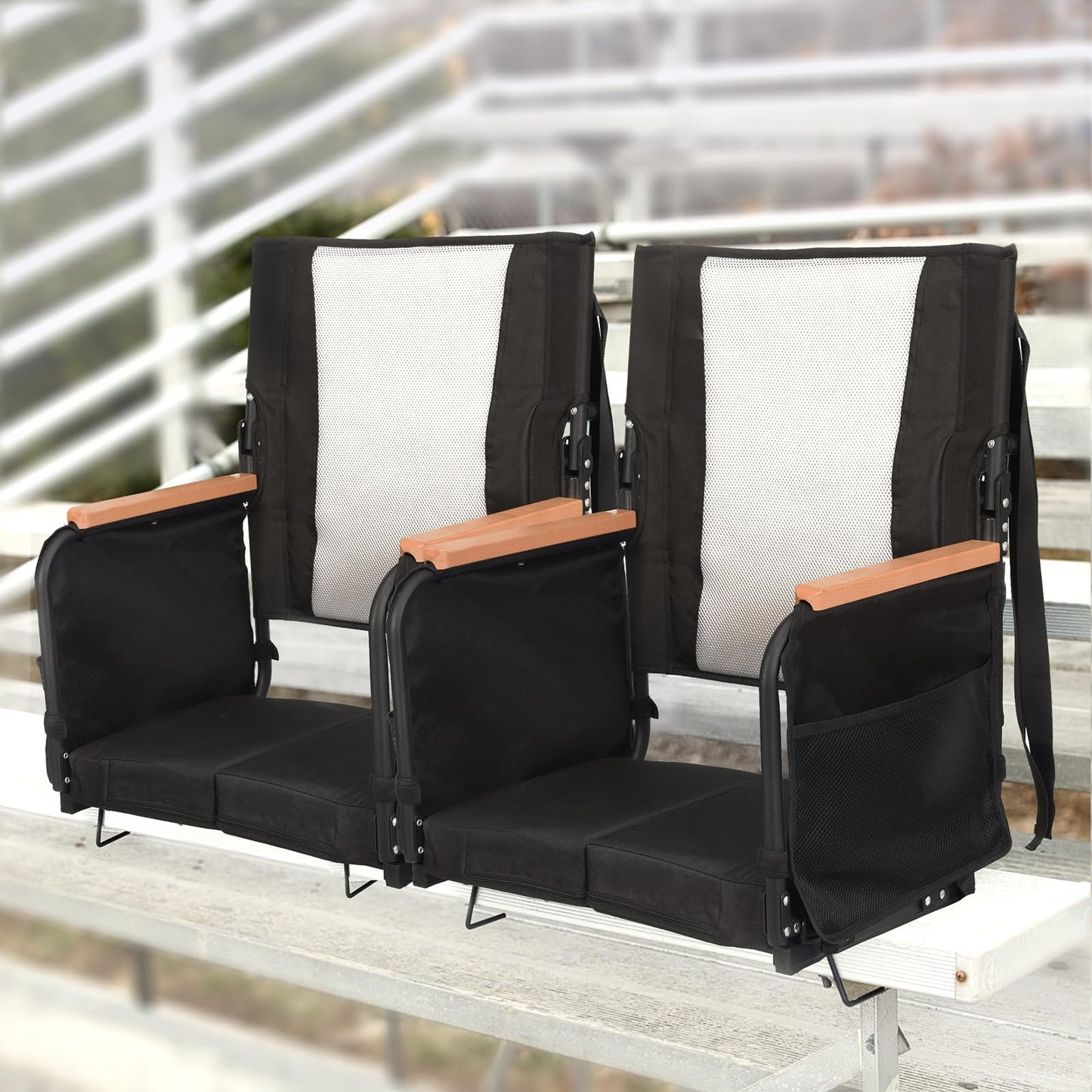 Extra Wide Stadium Seats with Back Support, Comfy Bleacher Chairs with Back Cushion, Cup Holders, and Storage Pockets, Foldable and Portable Bleacher Seat with Armrests (1, Beige, Large)