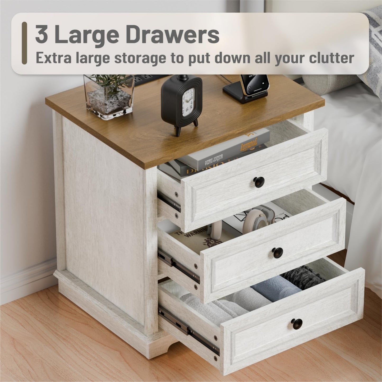 Nightstand with Charging Station, 24” Wide End Table with 3 Drawers, Modern Bedside Table with Storage, Wood Small Dresser for Bedroom Living Room. (White)