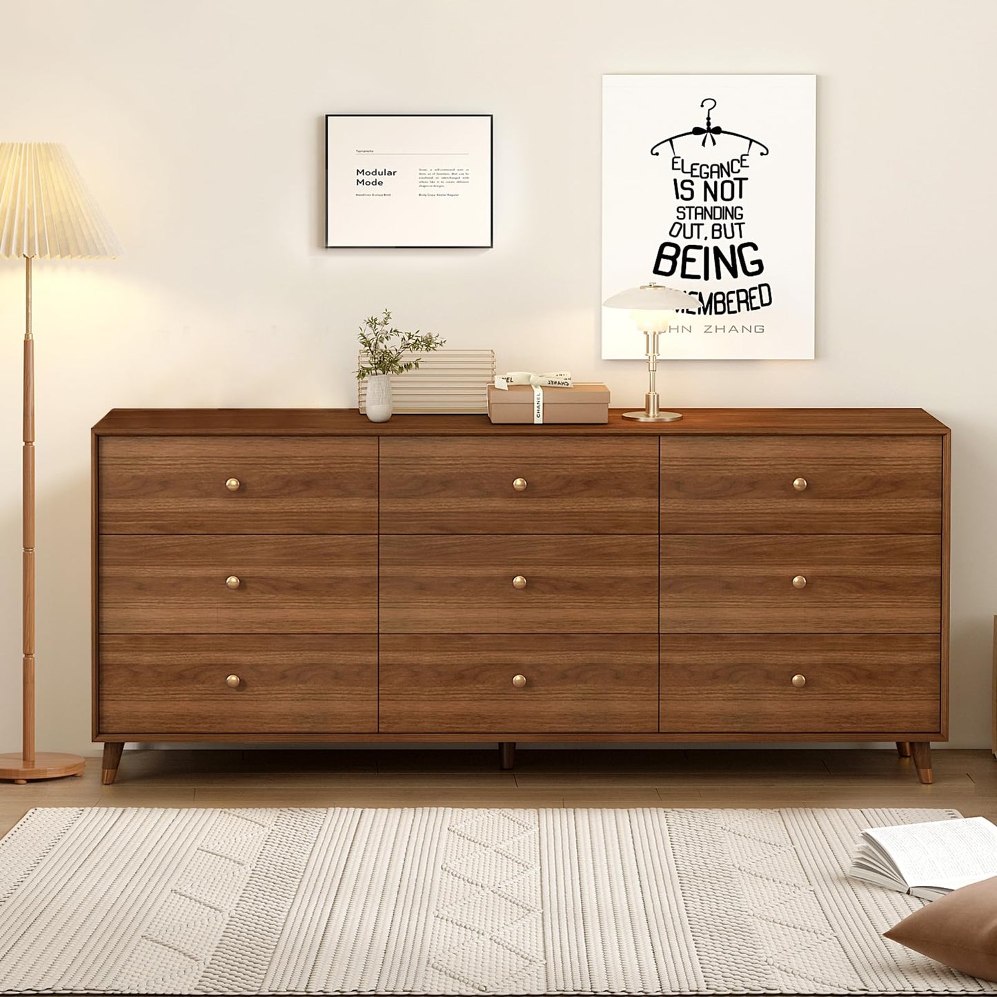 Messenya Mid Century Modern 9-Drawer Dresser, 63 Inch Wide Solid Wood Frame Chest, Walnut Finish, Beveled Design, Heavy-Duty Drawer Glides, Storage Cabinet for Bedroom, Living Room, TV Stand