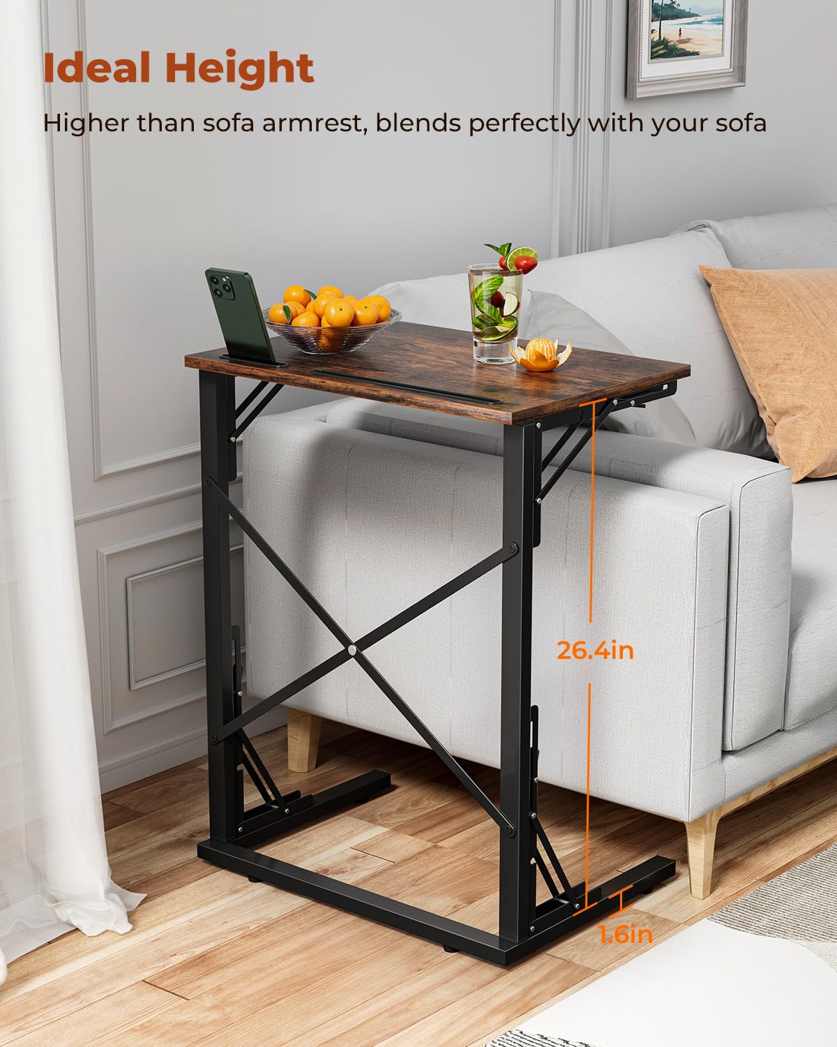 Evermagin 21''Wx28''H Folding TV Tray, Small Foldable C-Shaped End Table for Eating with Tablet and Phone Slots, Slide Under Couch Side Table for Recliner, Living Room, Bedroom, Rustic Brown