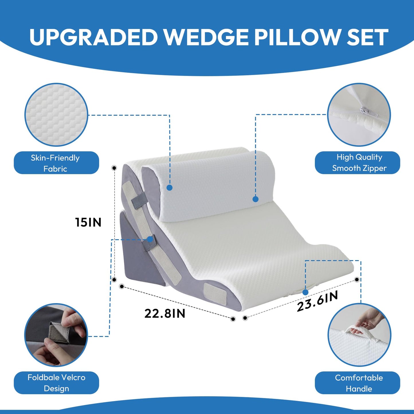 Ahpmeoa 3PCS Wedge Pillow Set for After Surgery, Back Pillow for Bed Sitting up, 6-in-1 Foam Wedge Pillow for Acid Reflux & Back Pain Relief, Post Surgery Pillow for GERD & Snoring, White