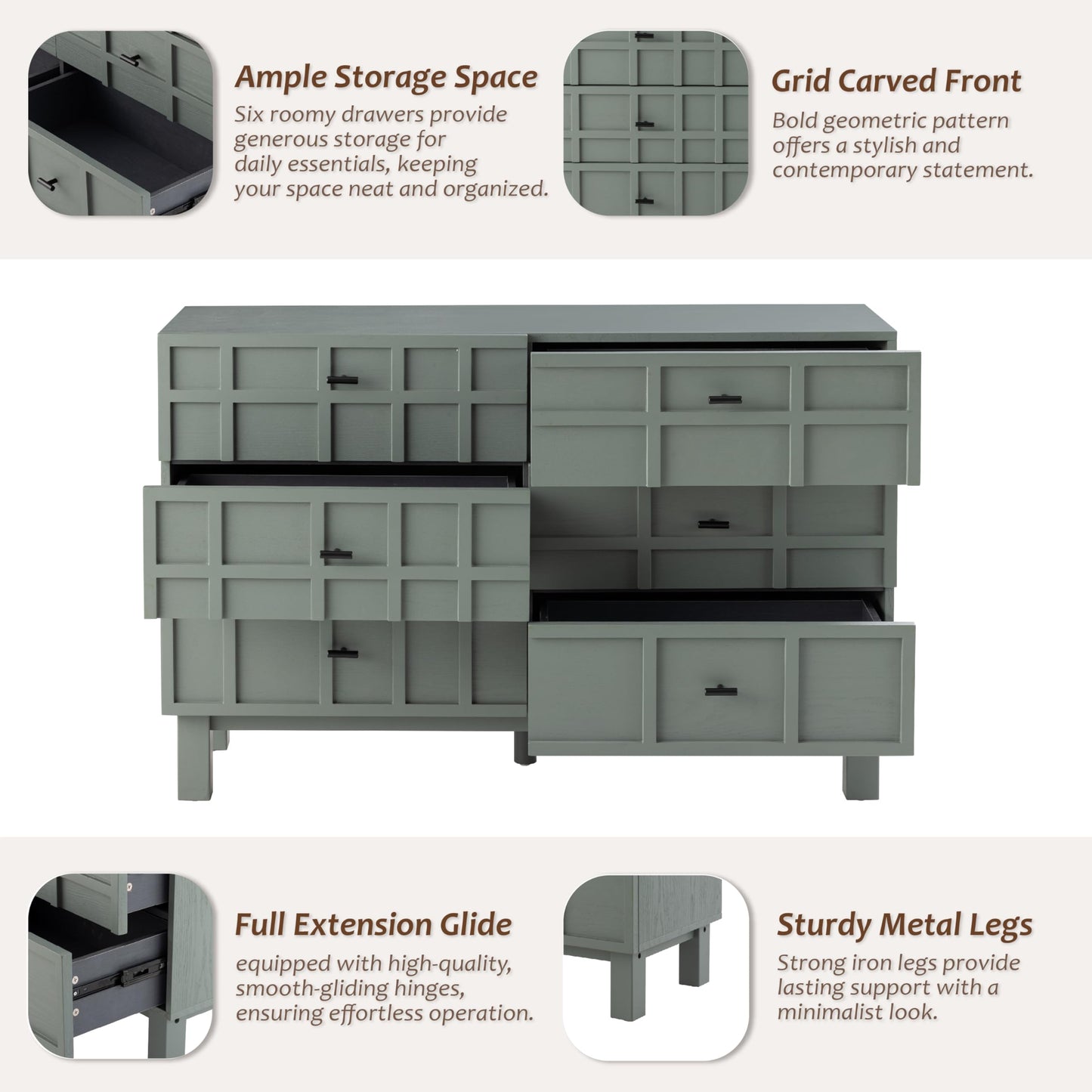 Aoikax Modern 6 Drawer Double Dresser with Grid Carved Pine Front, Minimalist Chest of Drawers with Large Storage Space Metal Base for Bedroom, Ash Veneered Top, Metal Legs, Light Green