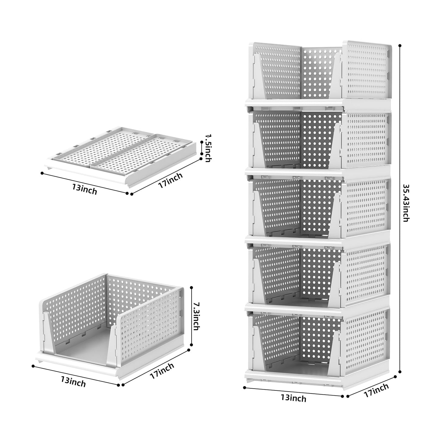 MSHOMELY 5 Packs Stackable Plastic Storage Basket for Closet Foldable Closet Organizers and Storage Bins for Shelves Storage Drawer Container for Clothes, Wardrobe, Pantry, 5L