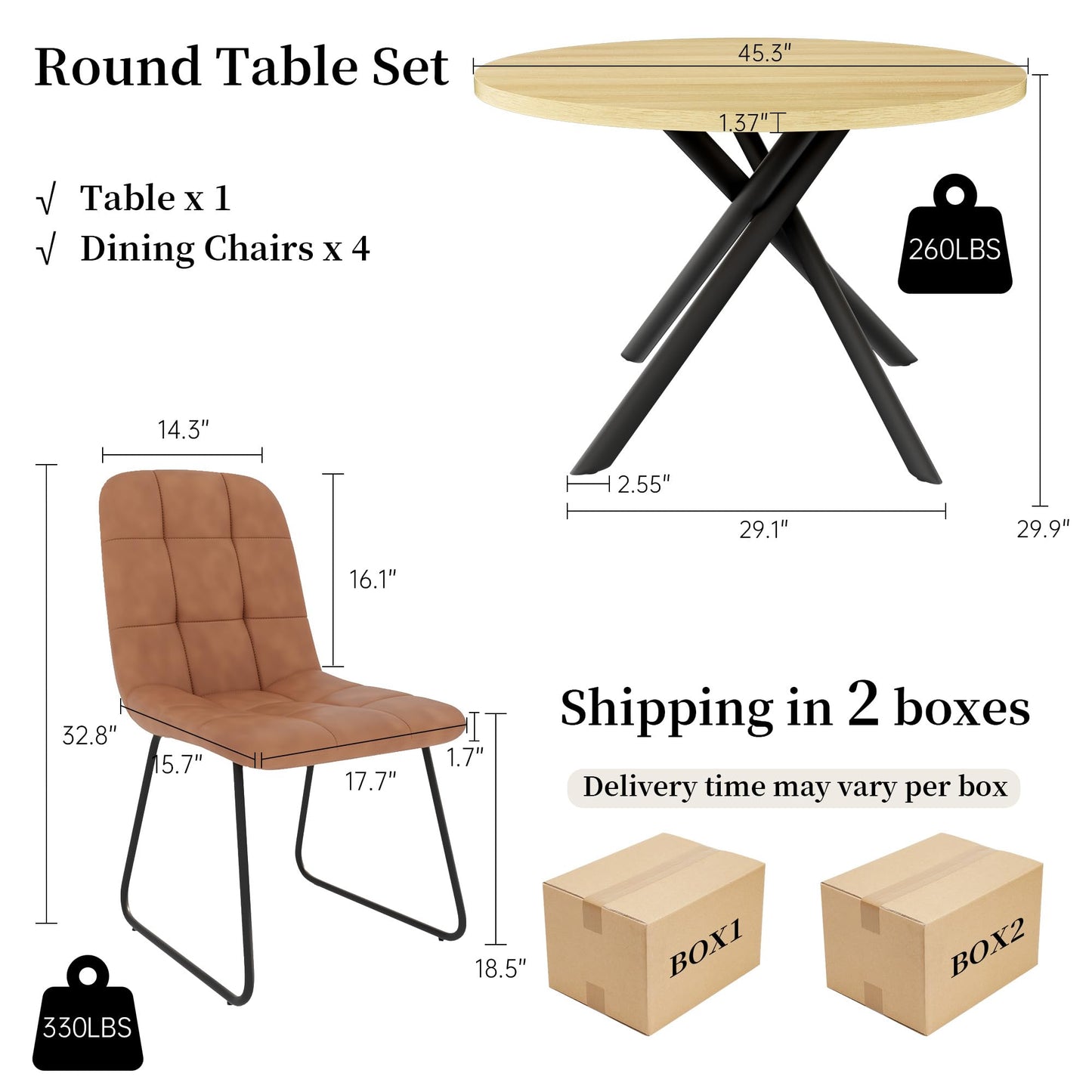 HIPIHOM 45.3 Inch Round Dining Table Set for 4, Mid Century Modern Small Kitchen Coffee Set for Dining Room Kitchen Apartment (Cream Table + 4 U-Shaped Brown Chairs)