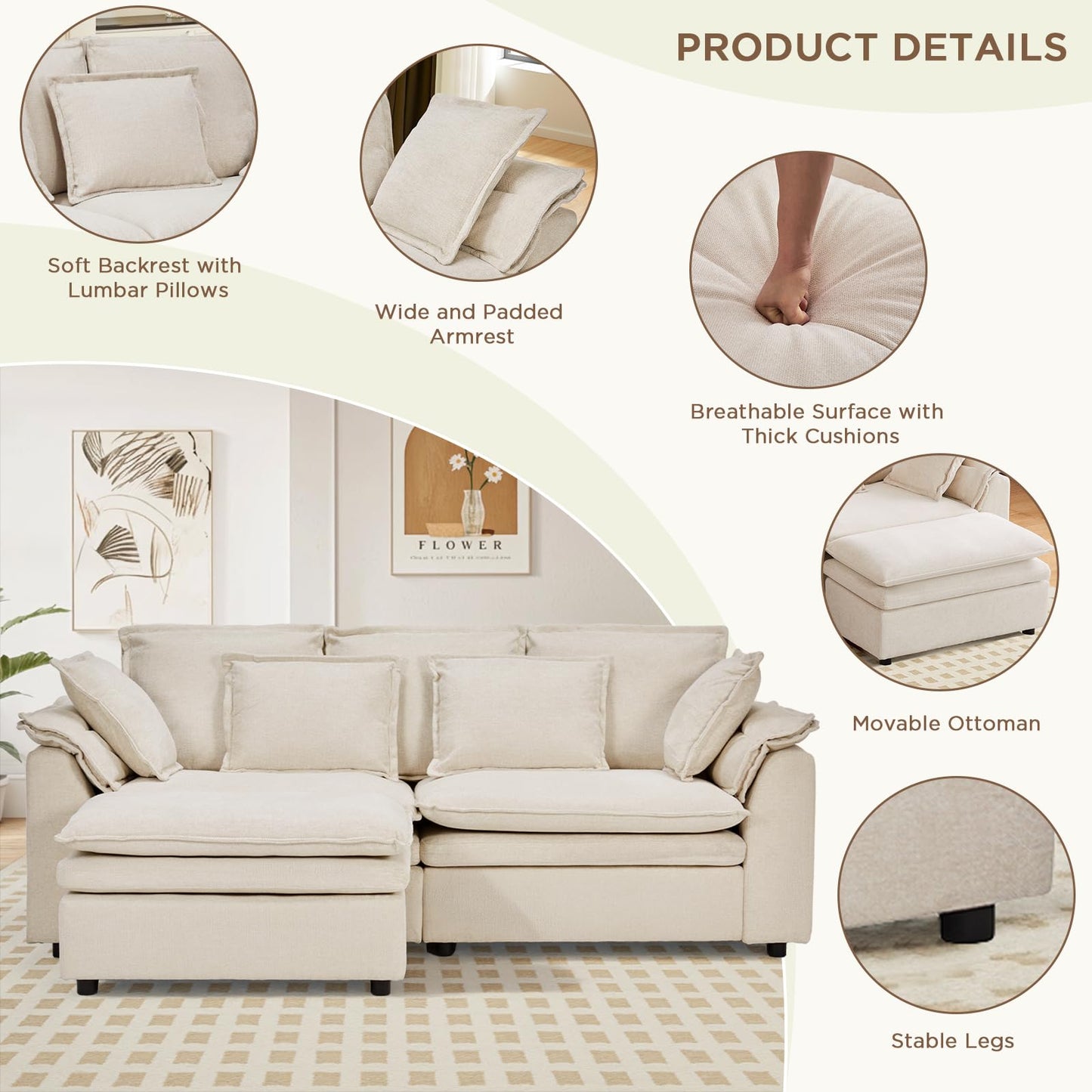 PPorfamilia Sectional Sofa Modular Deep Seat Sofa Couch with Ottoman, Teddy Fleece Sofa Sleeper Comfy Upholstered Furniture for Apartment, Living Room, Studio, Office (Beige, Loveseat)
