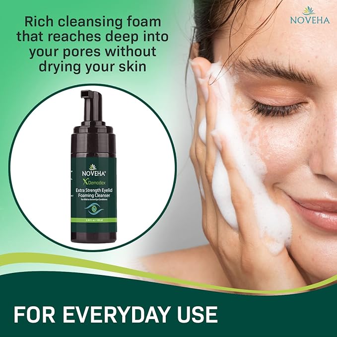 NOVEHA Demodex Eyelid Cleanser Foam | Extra Strength Tea Tree Oil Formula | Daily Face Wash For Eyelash, Demodex, MGD, Stye Eyes, Eye Irritations & Skin Dryness, 3.38 fl. oz. (100ml) - (Pack of 2)