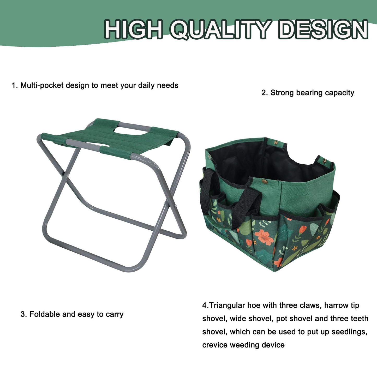 GeerDuo Folding Gardening Stool with Detachable Storage Tote Bag, Multifunctional Gardening Tools Set Organizer for Fishing and Camping,Portable Garden Chair Seat for Adults (Green Flower)