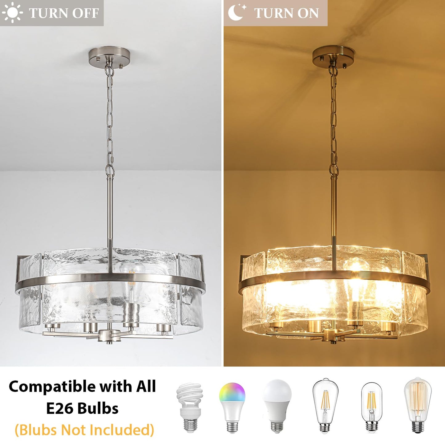 DWLGIGH Modern Drum Chandeliers for Dining Room,19.7" Water Ripple Glass Chandelier Over Table Brushed Nickel Crystal Pendant Light Fixtures for Hight Ceiling Living Room Entryway Bedroom Kitchen,E26