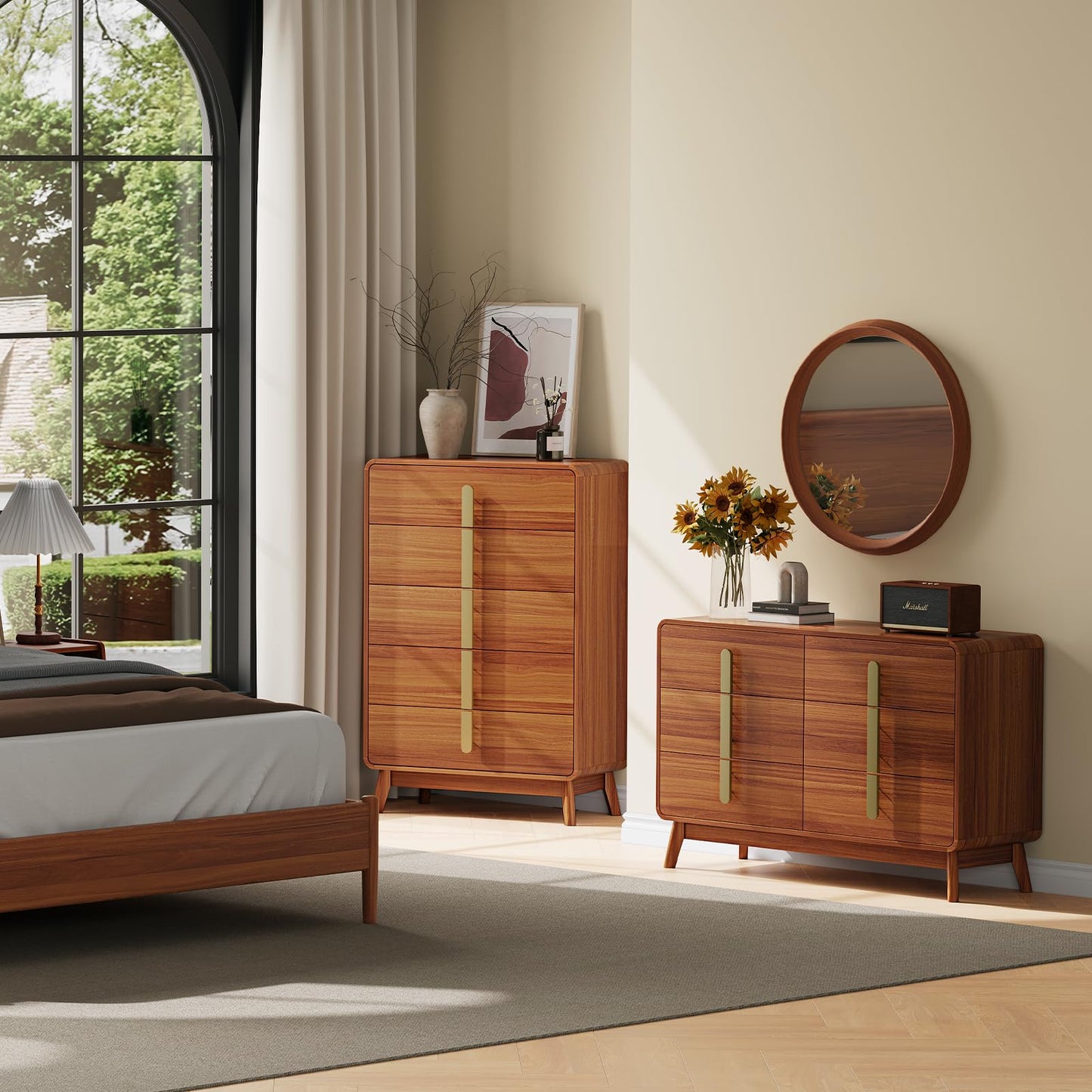 JOINICE,5 Drawer Dresser,Mid Century Modern Dresser with Storage,Tall Modern Chest of Drawers with Metal Handles,Large Wood Drawer Organizer for Bedroom,Living Room,Hallway,Cherry