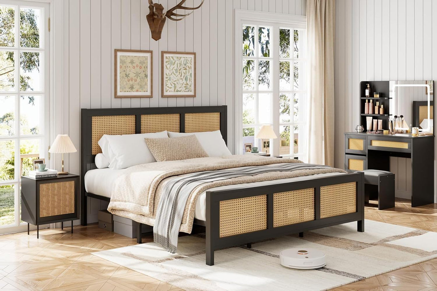 IDEALHOUSE King Size Bed Frame with Headboard, Bohemian Rattan Platform Bed Frame with Strong Metal Slats Support, No Box Spring Needed, Noise-Free Design, Black