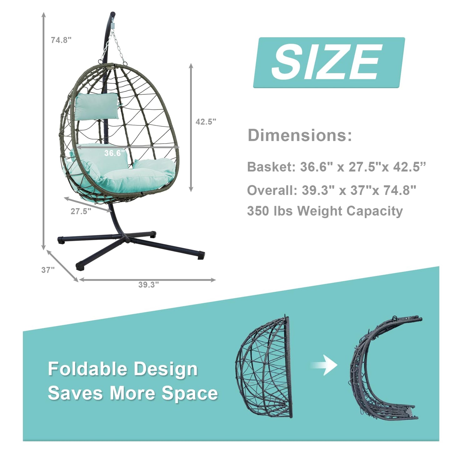 Hanging Egg Chair with Stand Egg Chair Indoor Outdoor, Patio Swing Hammock Egg Chairs, UV Resistant Removable & Washable Thicken Padded Cushions, 350LBS Capacity for Bedroom, Balcony, Garden, Blue
