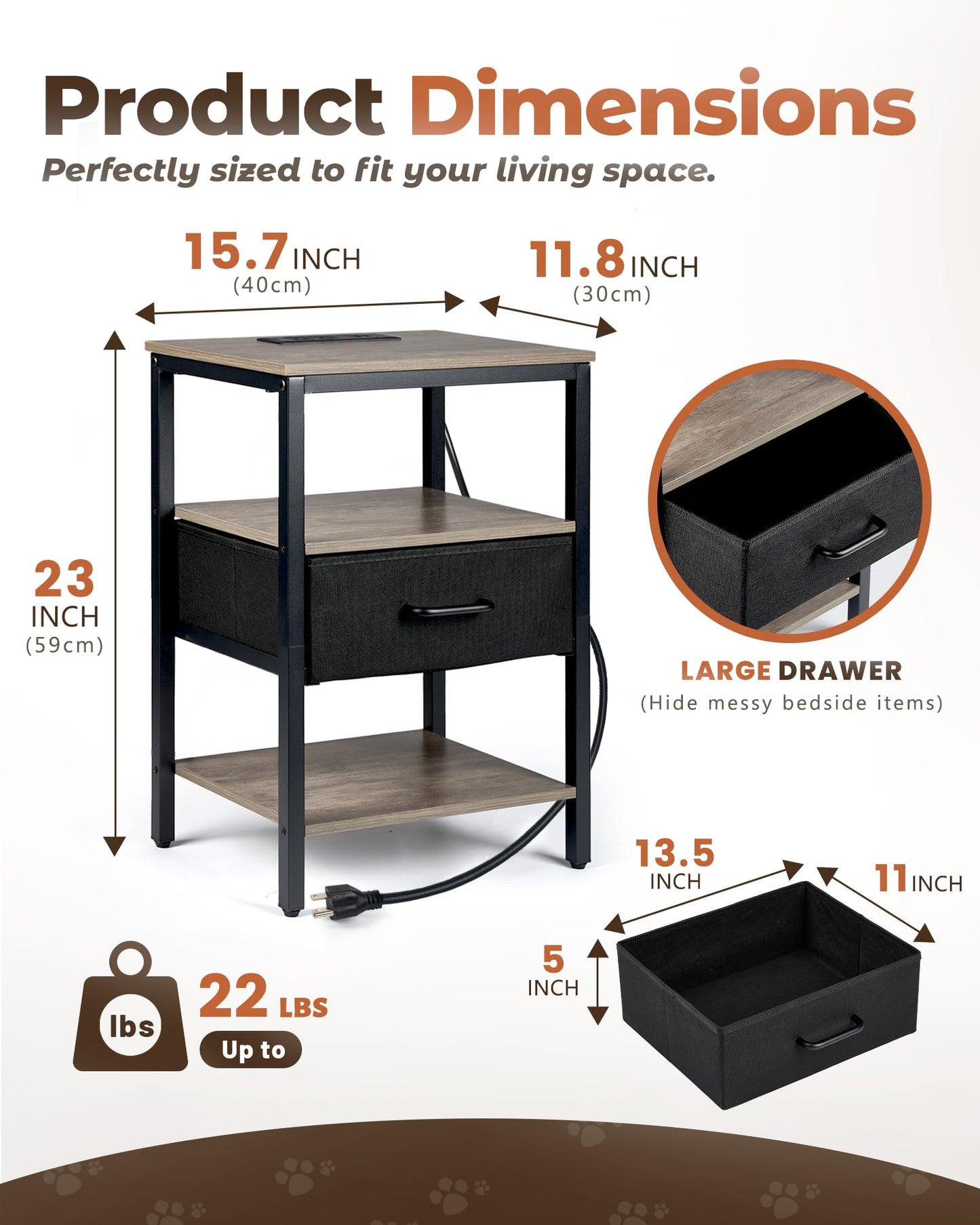 Upolana Nightstand with Charging Station, Bed Side Table with Fabric Drawer, 3-Tier Storage Dorm Night Stand for Bedroom, 2 USB & 2 Outlets End Table, Greige and Black