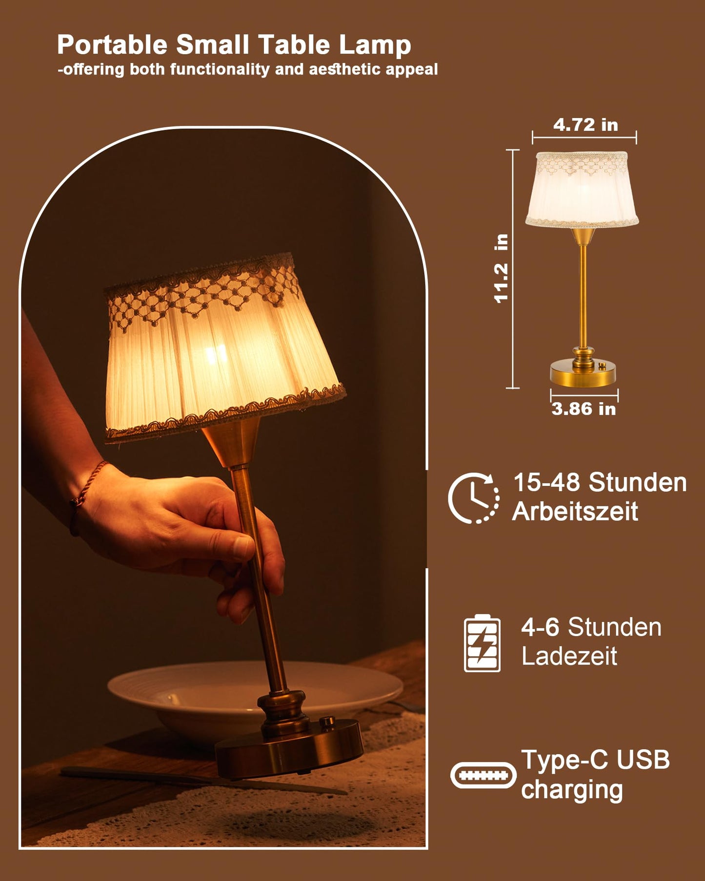 UMEXUS Cordless Table Lamp with Dimmer, Small Rechargeable Battery Operated Lamp Outdoor, Touch Warm Light Ambient Lighting for Restaurant Patio Dining Side End Table Kitchen, Antique Brass