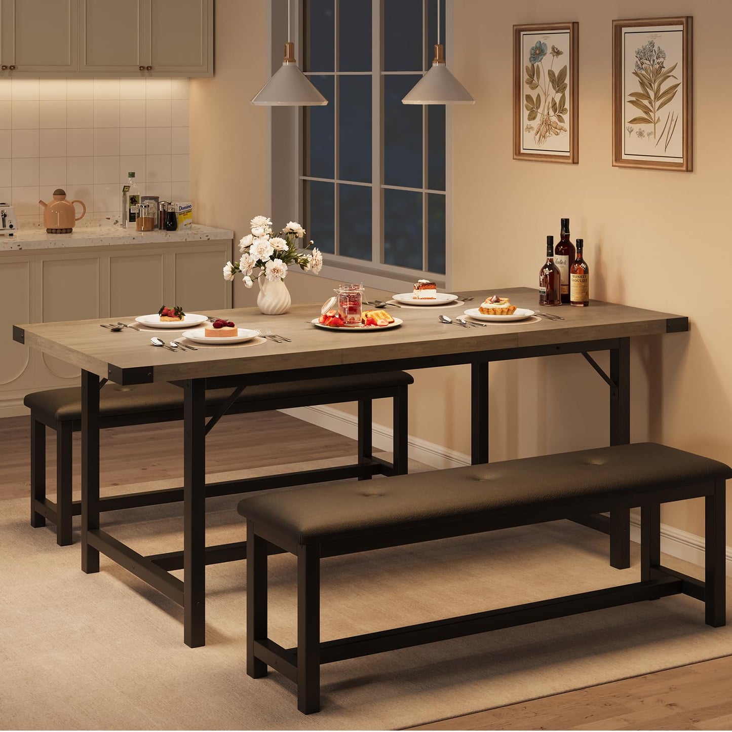 GarveeHome Dining Table Set for 4-6, 63" Large Extendable Dining Room Table Set for 6, Wood Rectangle Kitchen Table with 2 Soft Benches for Apartment, Small Space, Easy Assembly, Rustic Gray