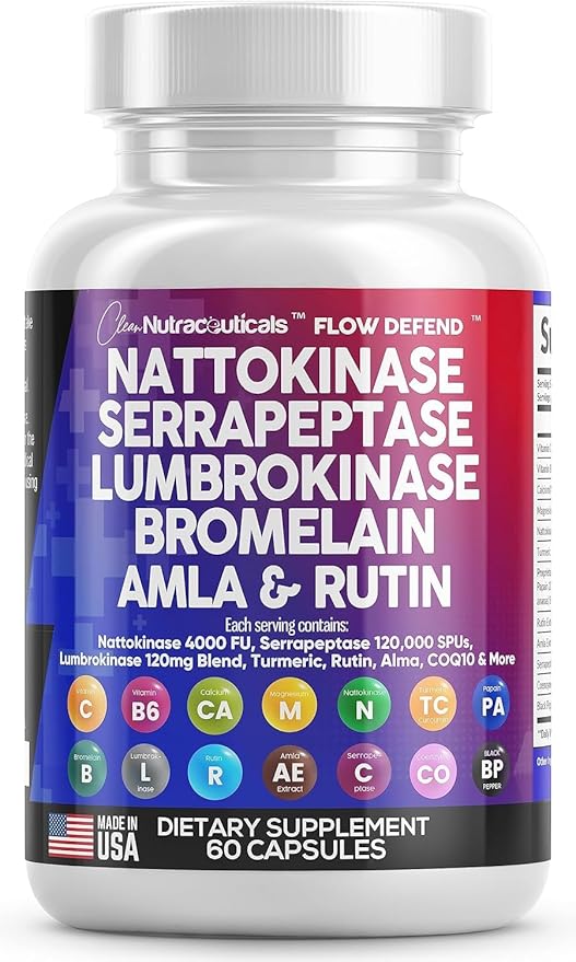 Clean Nutraceuticals Nattokinase 4000 FU Serrapeptase 120000 SPU Lumbrokinase Enzyme Supplement with Bromelain Papain Papaya Enzymes Rutin Extract Amla Magnesium Vitamin B6 & VIT C Capsules - 2Pack