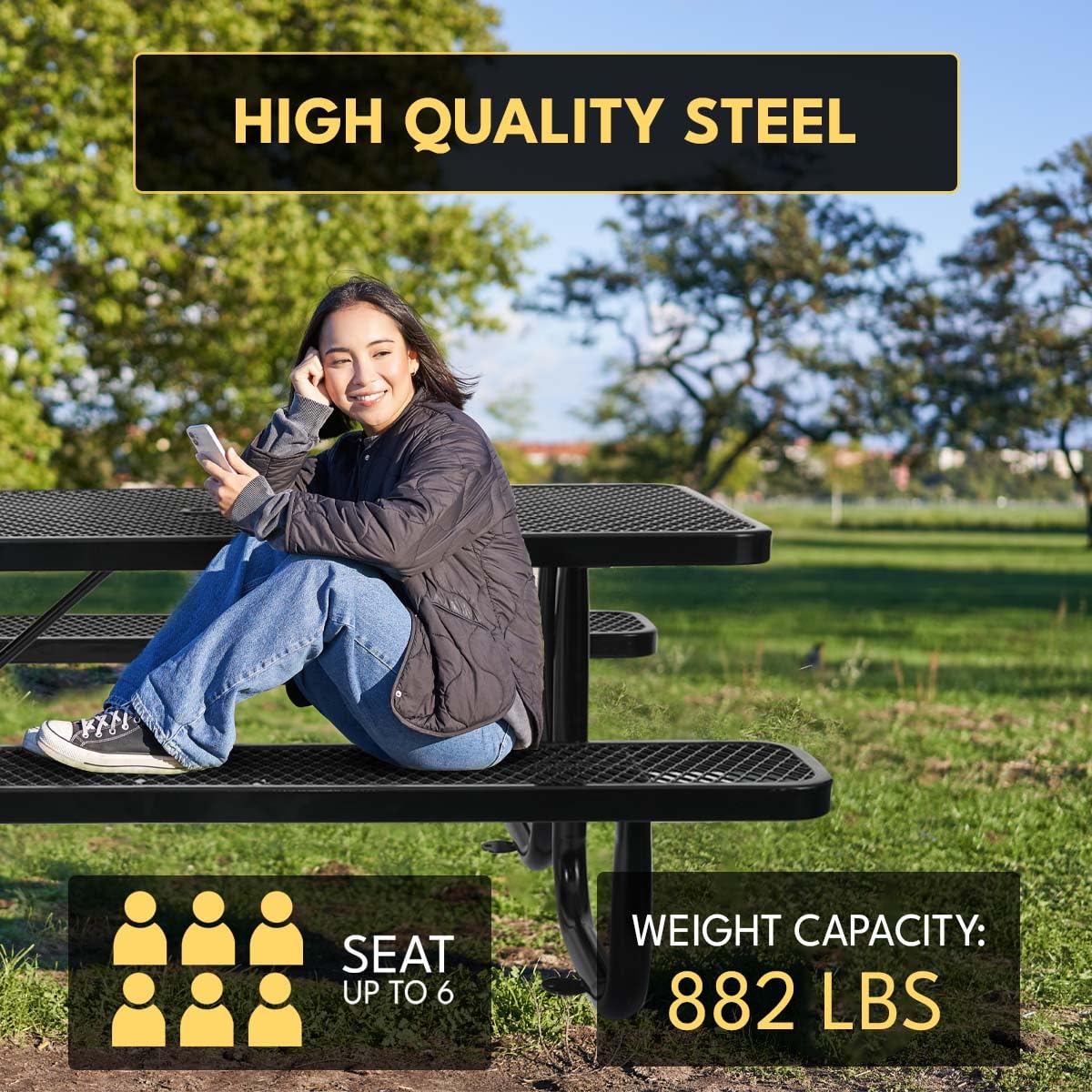 Anqtovp 6 ft. Heavy-Duty Steel Outdoor Picnic Table with Umbrella Pole,Rectangular Weather-Resistant Dining Table for Backyard,Black