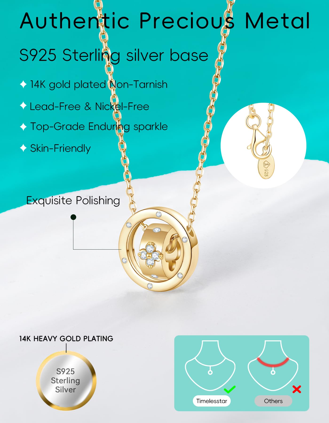 TIMELESSTAR Four Leaf Clover Gold Necklace for Women Dainty Layered 14K Plated Non Tarnish Friendship Moissanite Diamond Shamrock Pendant 925 Sterling Silver Chain Stack Necklaces