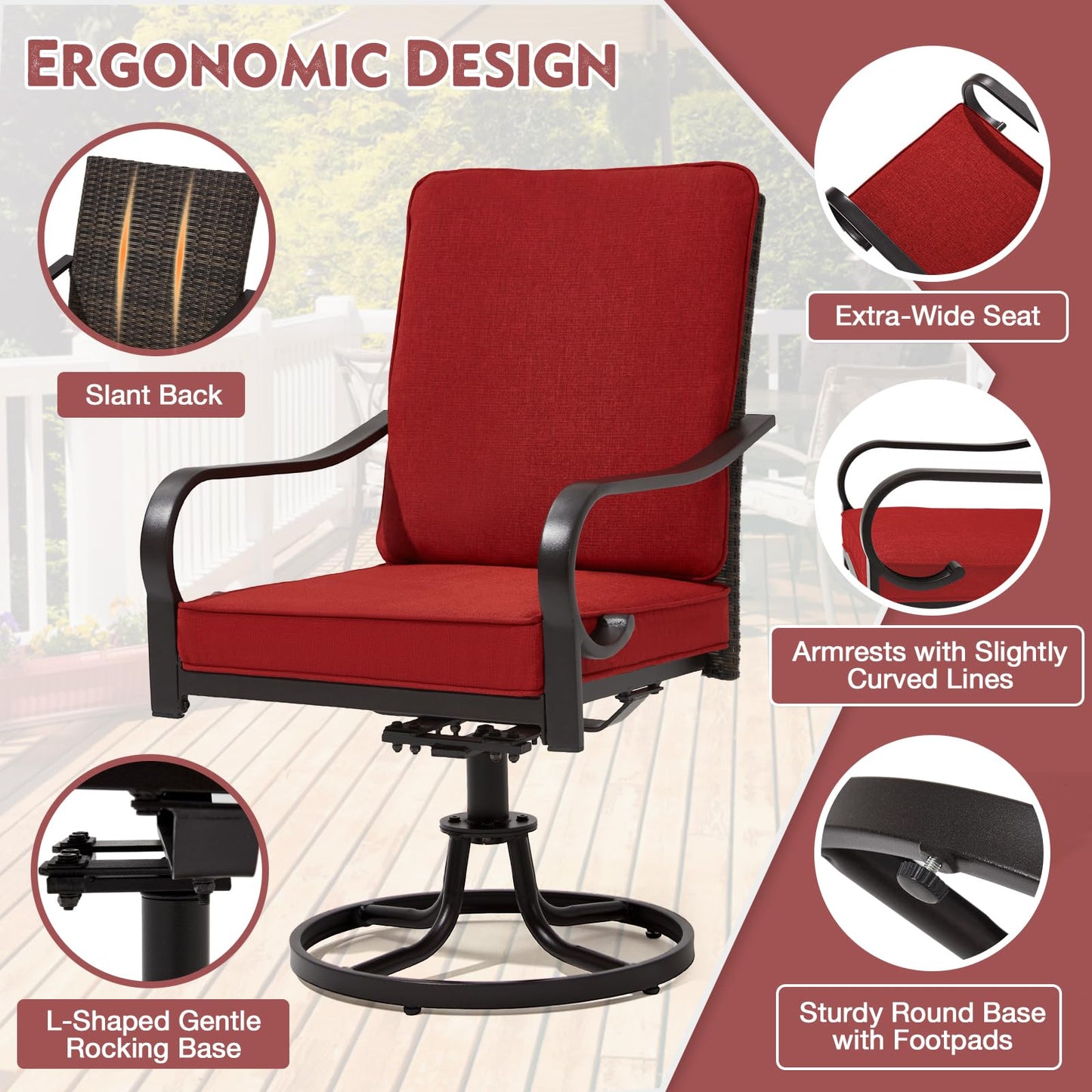 MELLCOM Patio Swivel Chair Set of 2, Outdoor Dining Chairs with Thickened Cushions, Wicker Chairs with Gentle Rocker for Porch, Red