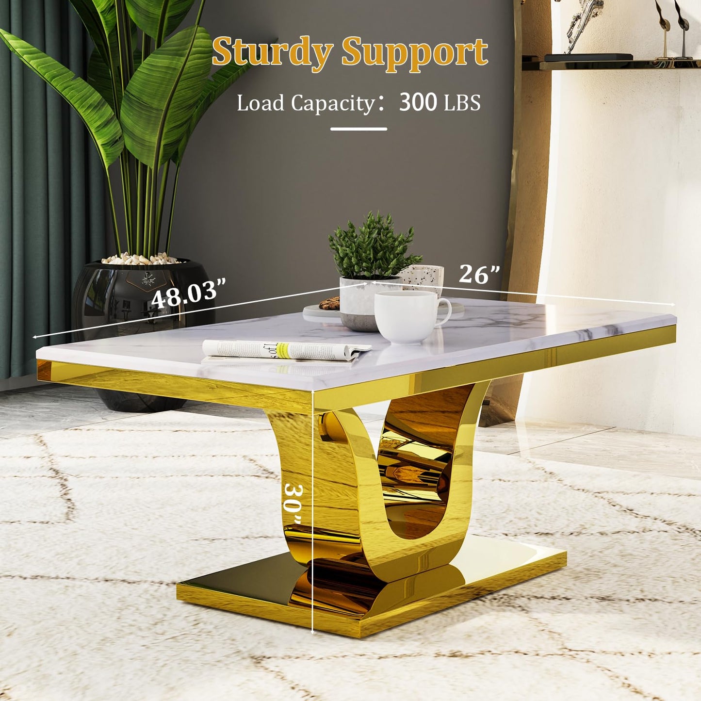 Anewsun Gold Coffee Table, White and Gold Rectangle Living Room Tea Table, Glam 48 inch Coffee Table for Living Room, Guest Hall, Reception Room