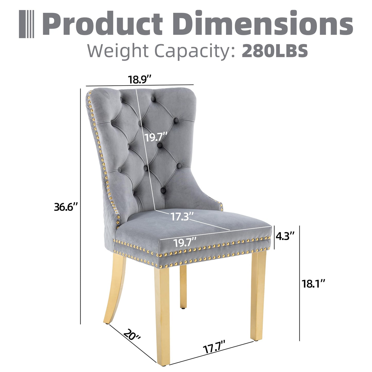GOOLON Velvet Dining Chairs Set of 4, Upholstered Dining Room Chairs, Mid-Century Modern Chairs with Diamond Lattice Tufted Back, Lion Pull Ring Rivet Trim, Golden Metal Legs for Kitchen, Light Grey