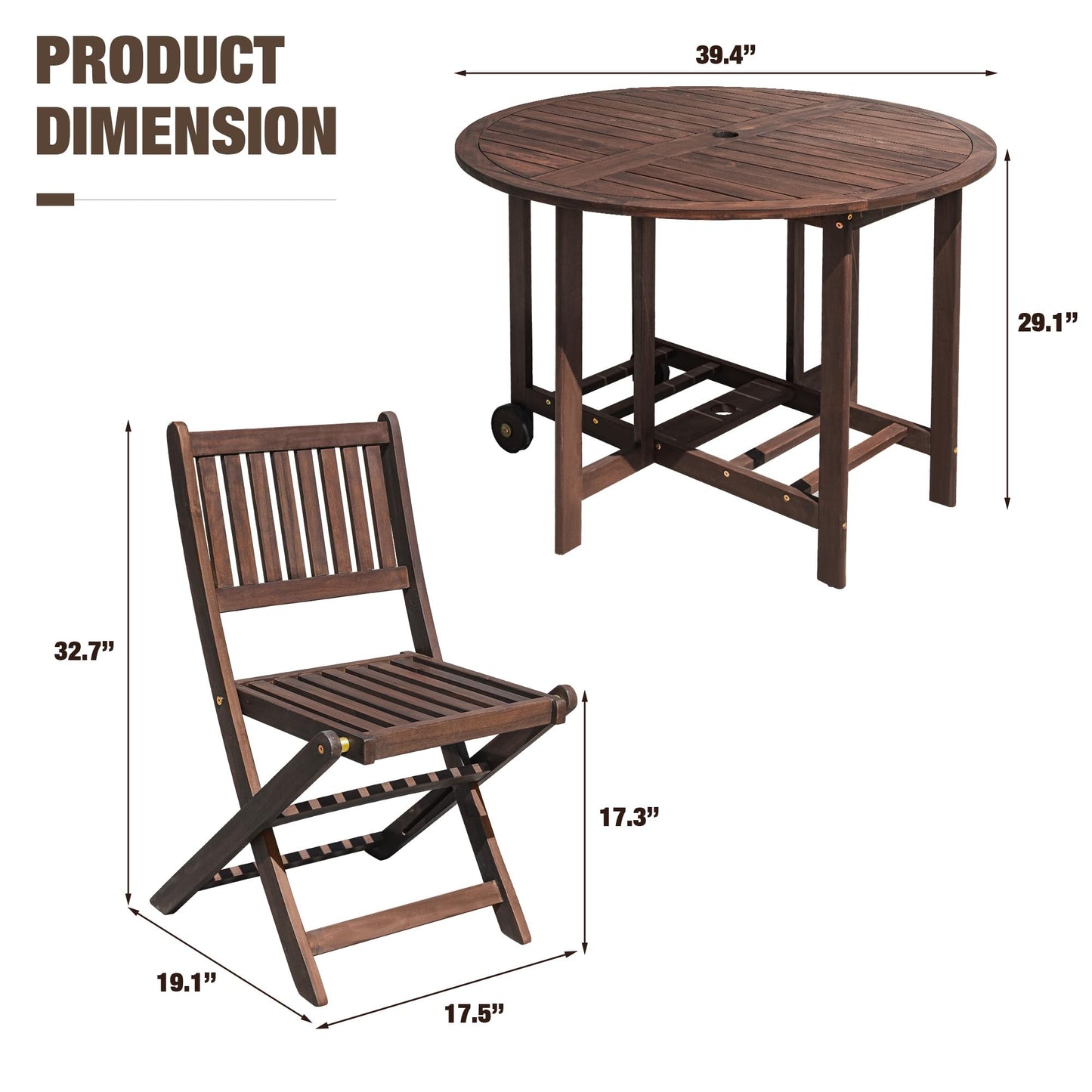 Devoko 5 PCS Patio Furniture, Patio Dining Set Acacia Wood Outdoor Table and Chairs, with 4 Folding Chairs and 37" Round Movable Table, Outdoor Dining Set for Lawn, Balcony, Garden (Deep Brown)