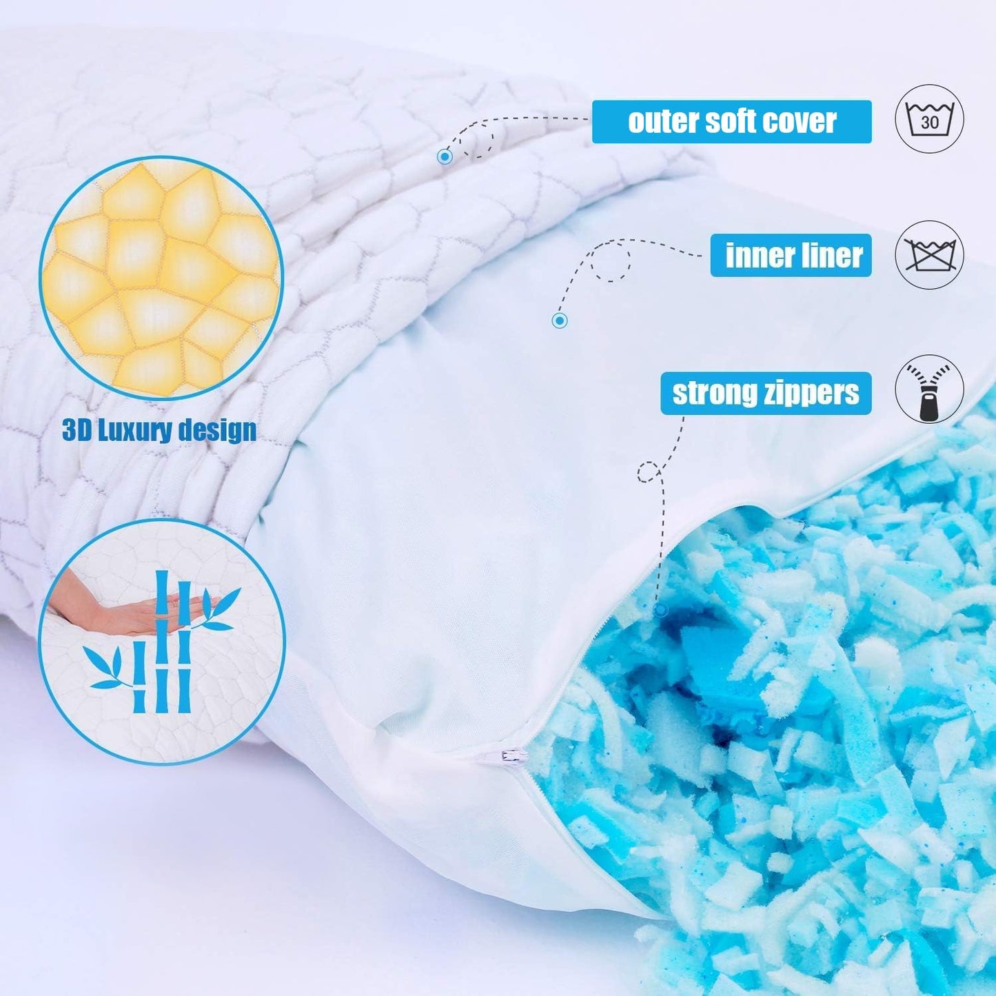 Cooling King Size Pillows Set of 2 Pack Shredded Memory Foam Pillows for Sleeping, Adjustable Cool Bed Pillow for Side Back Stomach Sleepers Luxury Gel Neck Pillow for Neck and Shoulder Pain Relief