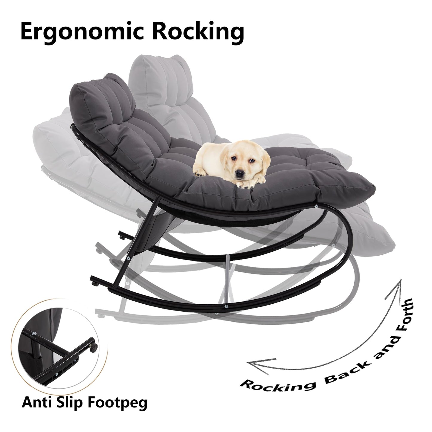 DAYARUS Upholstered Outdoor Rocking Chairs, Modern Patio Rocking Chair Set of 2 with Foot Rest, Study Metal Papasan Rocking Chair, Cozy Rockings Recliner Chair for Bedroom/Living Room/Lawn, Gray