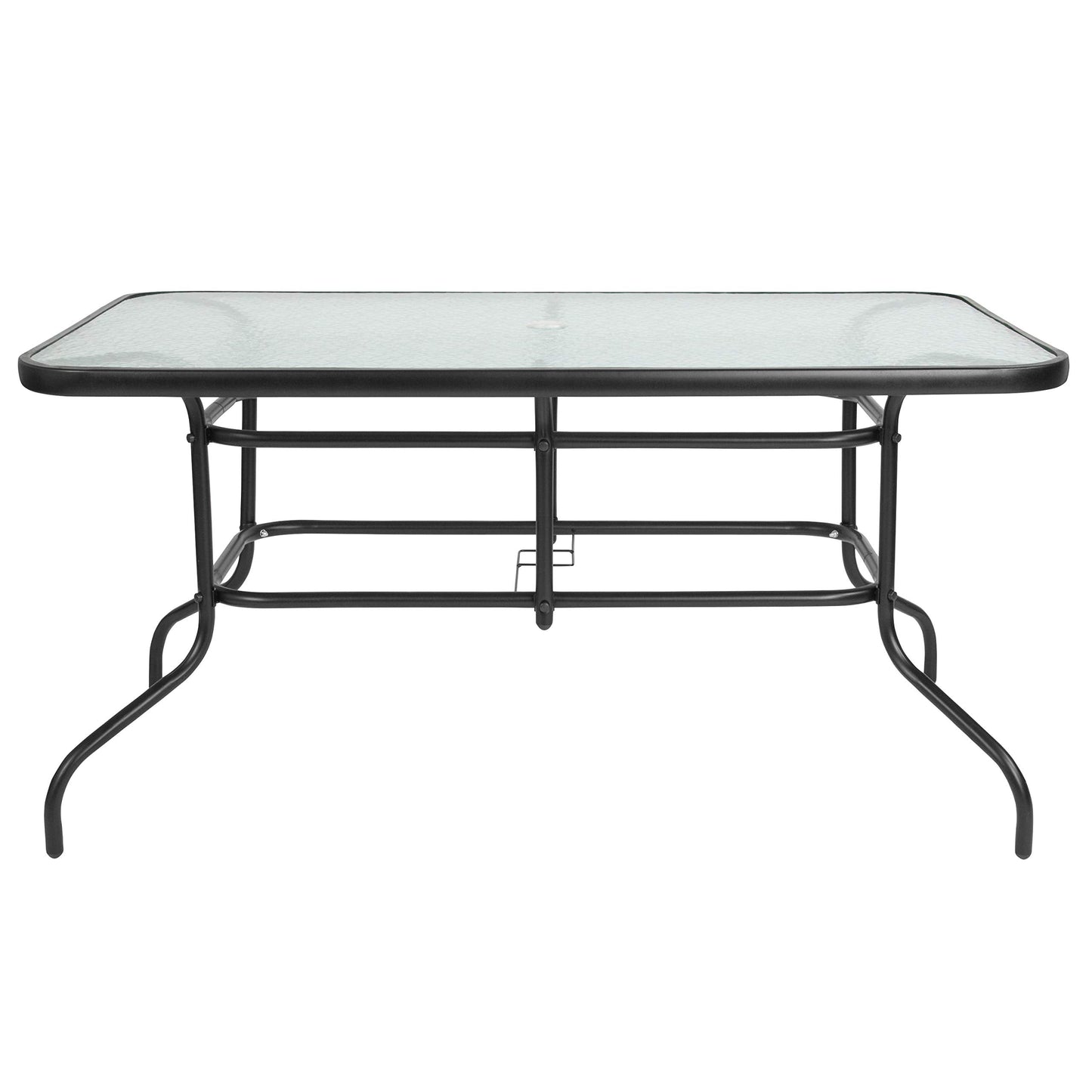 EMMA + OLIVER Patio Table & Chairs Set - Rectangular Metal Table with Tempered Glass Top - 6 Black Aluminum Stacking Chairs - All Weather for Indoor/Outdoor Use