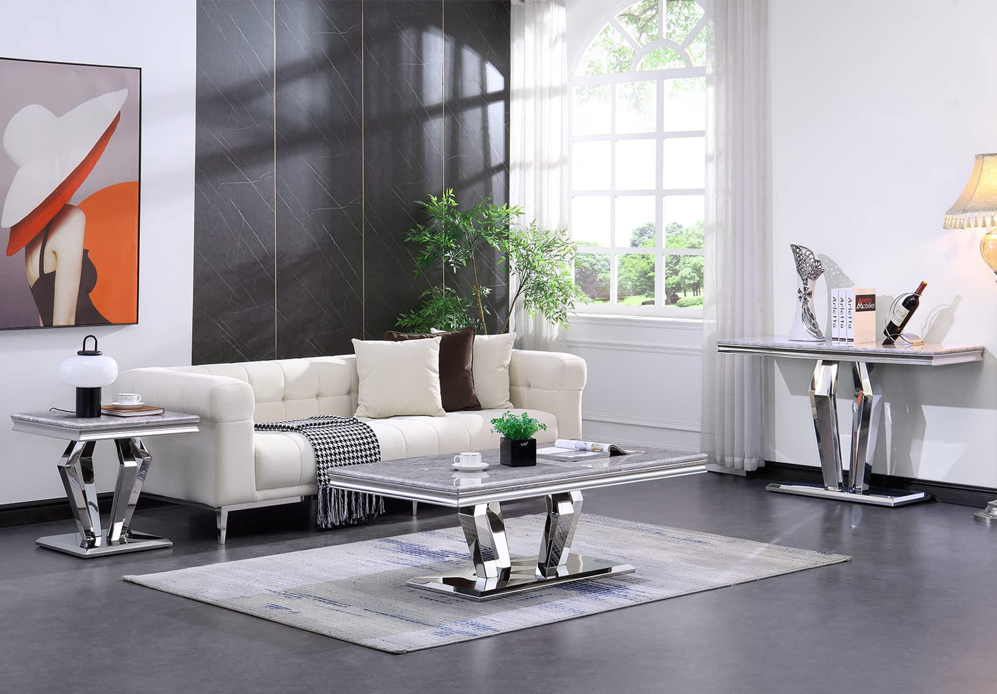 ACEDÉCOR Silver Console Table, Mirrored Sofa Table with Geometric Base, 50 inch Rectangular Grey Console Table for Entryway, Living Room, Office, Coffee Bar, Front Hall, Hallway