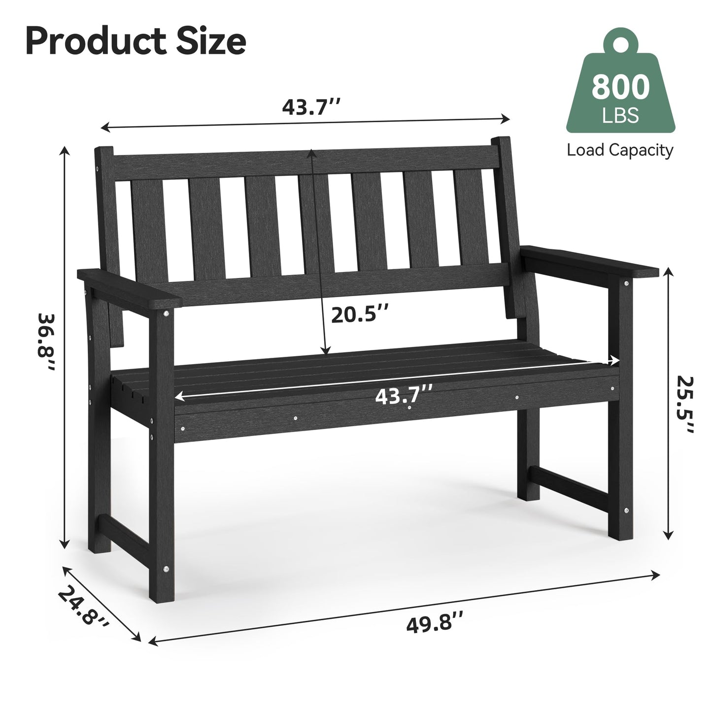 ACUEL HDPE Memorial Bench – 50'' Weatherproof Durable Outdoor Bench, 2-Person Park Bench, Easy to Move, Multi-Purpose Design Ideal for Porch, Patio, Church, and School (Black)