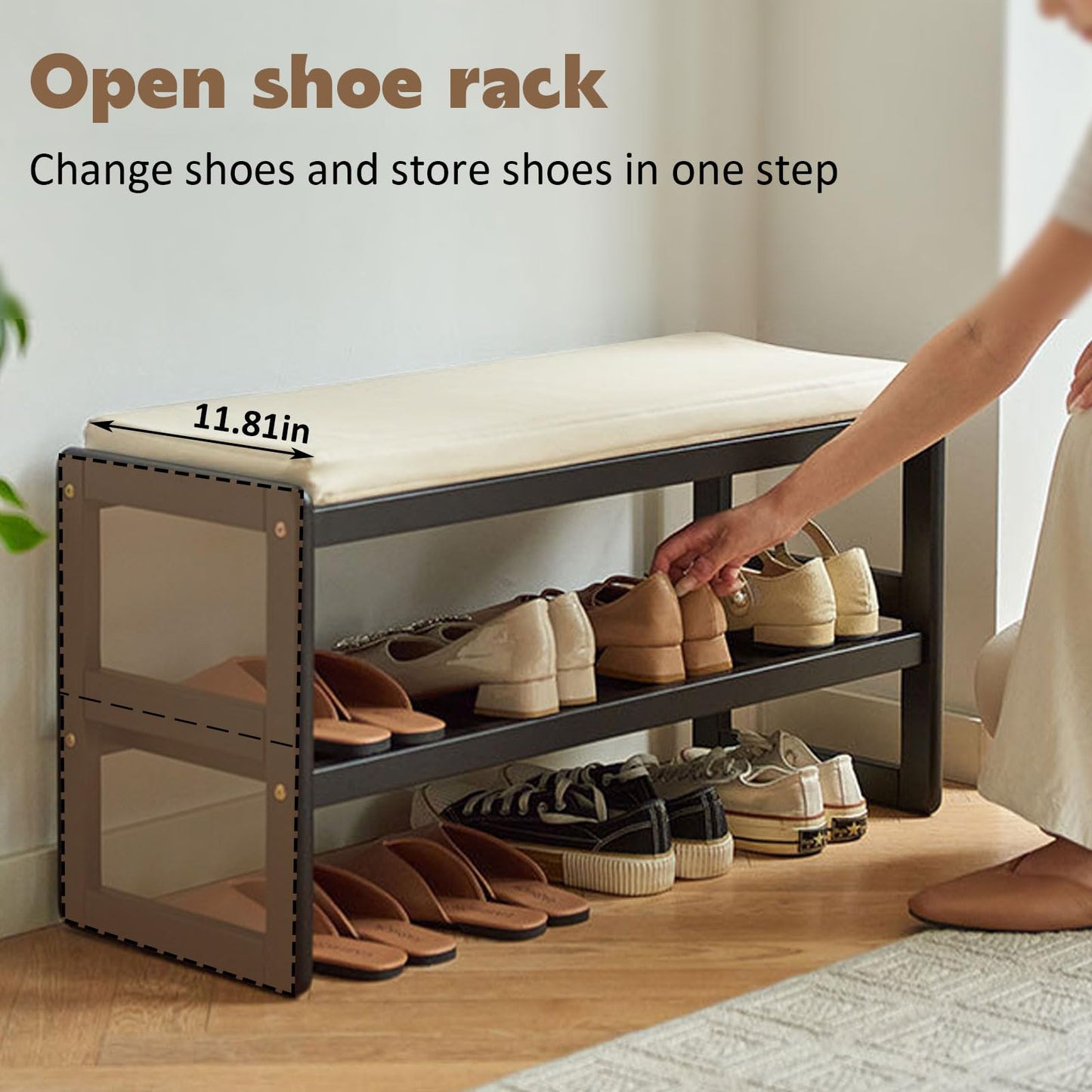 Entryway Shoe Bench, 2-Tier Solid Wood Shoe Bench Entryway for Entryway Bathroom Bedroom (Black, 31.5 INCH)