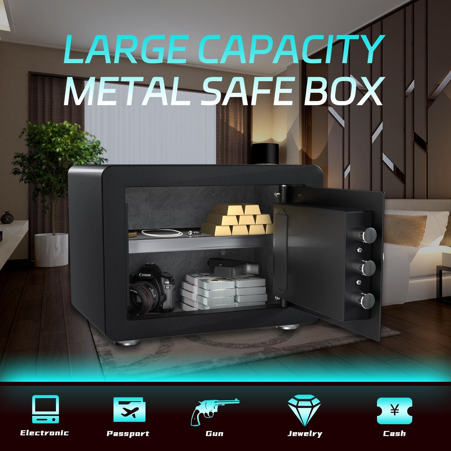 Reemoon Steel Security Safe Box with Electronic Keypad Lock, 0.8 Cubic Feet Home Biometric Safe Box for Secure Cash Jewelry Documents Valuables,Fingerprint Lock