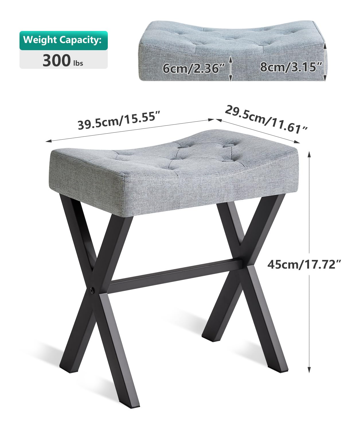 IBUYKE U-Shaped Linen Vanity Stool, Square Makeup Chair with X-Leg, Ottoman Seat Footrest Stool, Multi-Use as Small Side Table, for Bedroom, Living Room, Blue Gray WBD018L
