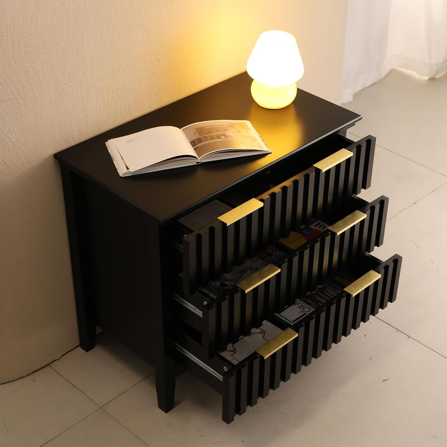 LAZZO 3 Drawer Dresser, Wood Dresser Tall with Fluted Drawer Fronts, Golden Handles and Spacious Top Narrow Small Space Storage Chest Modern Storage Cabinet for Living Room, Bedroom and Closet Black