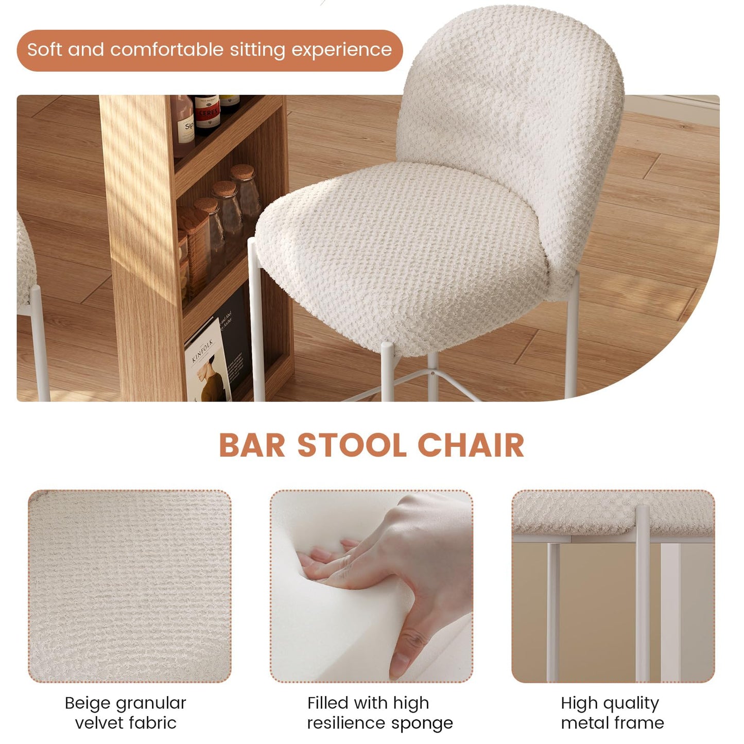 Guyii Beige Counter Height Bar Stools Set of 2,Velvet Fbric BarStools with Back,Counter High Chairs with Metal Legs,2 Pieces Bar Stool Set for Kitchen Island Bar