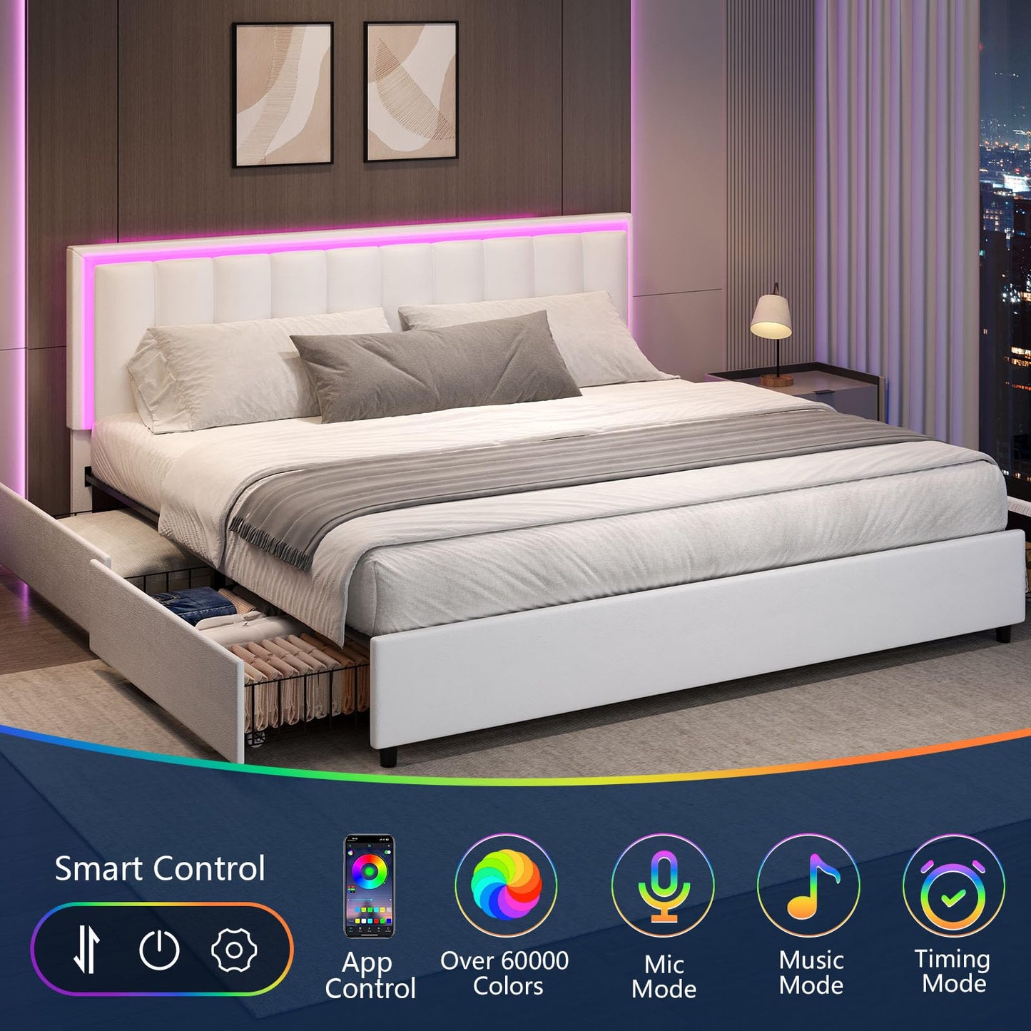 IMMERSTABLE King Bed Frames with 4 Drawers, Bed Frame King Size with LED Lights, Upholstered Bed Frame King Size and Headboard, No Box Spring Needed, Noise-Free, Easy Assembly, White